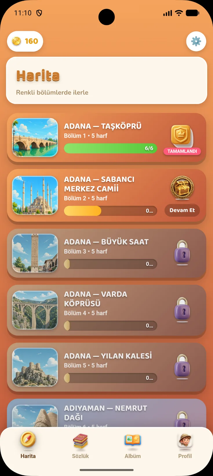 Kelime Keşfi harita ekranı