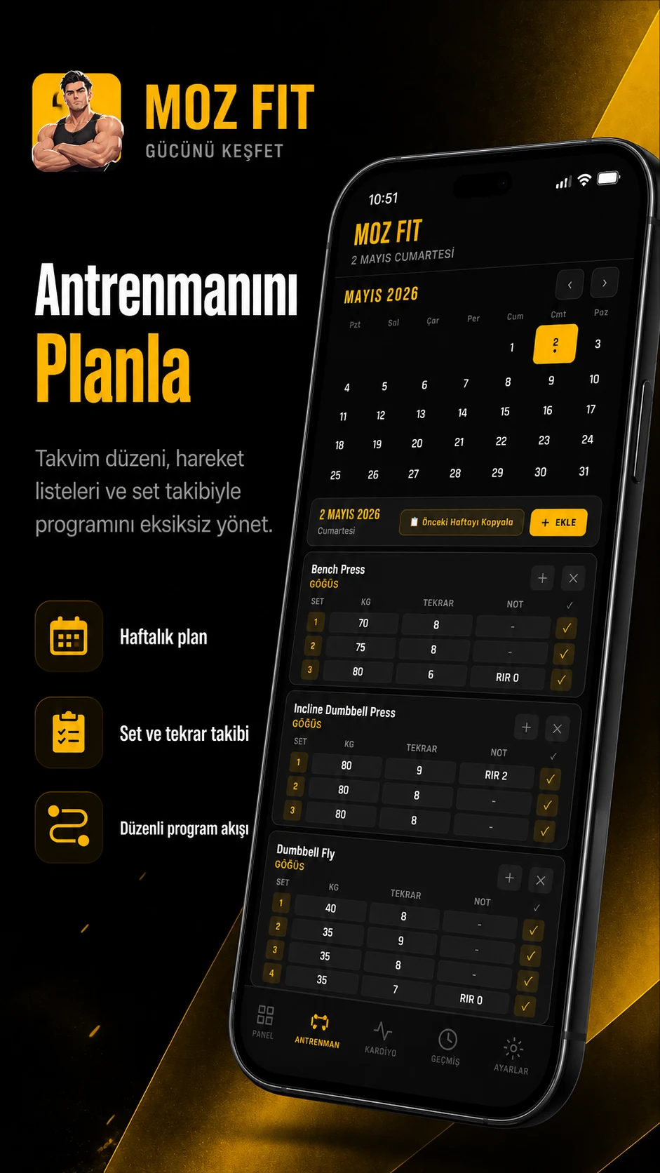 MozFit antrenman planlama ekranı