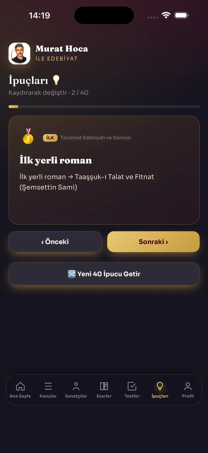 Murat Hoca ile Edebiyat ipuçları ekranı