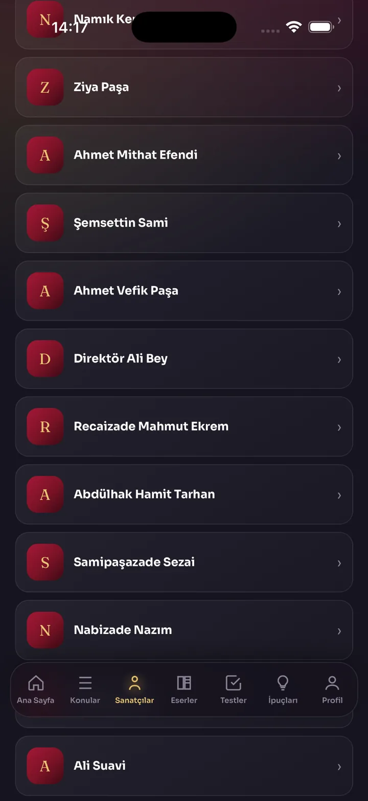 Sanatçılar ekranı