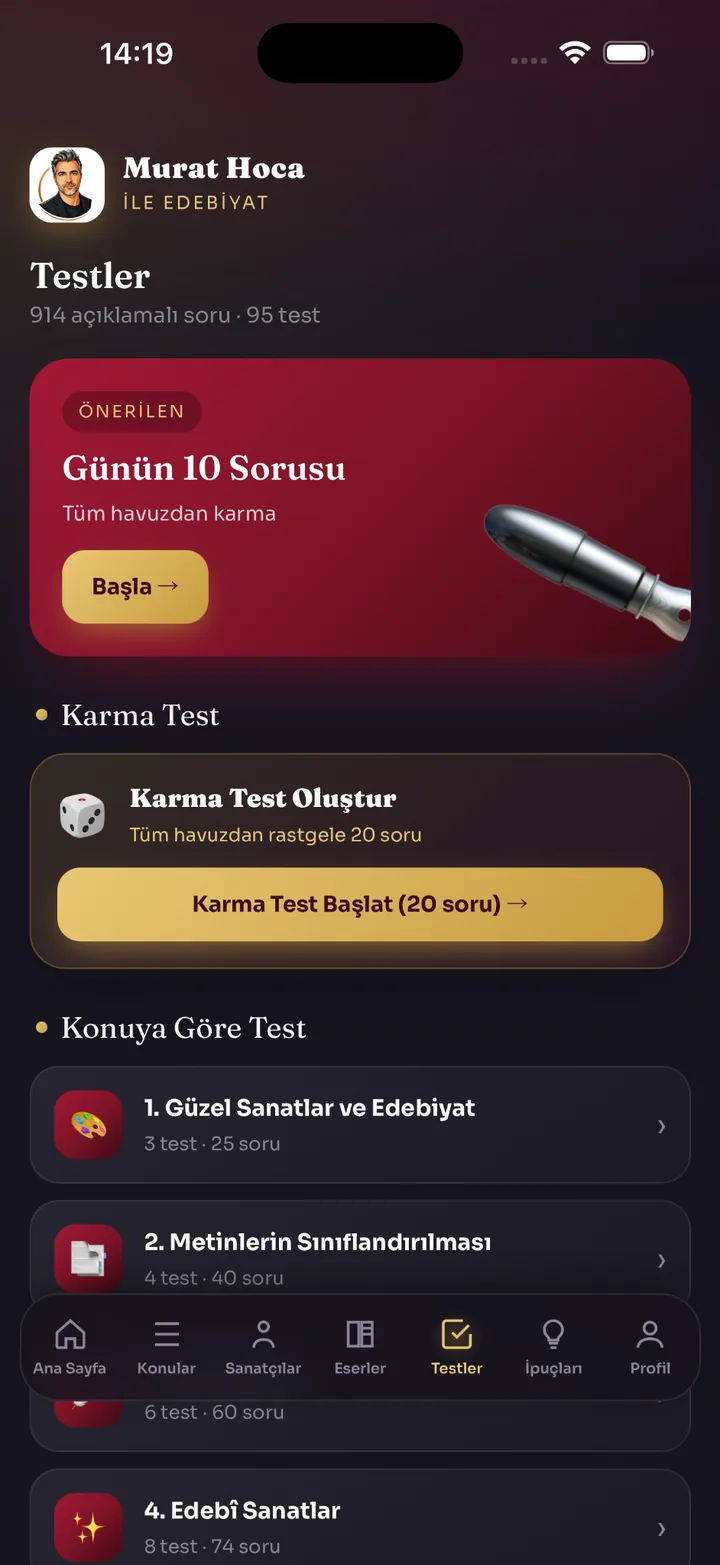 Murat Hoca ile Edebiyat testler ekranı