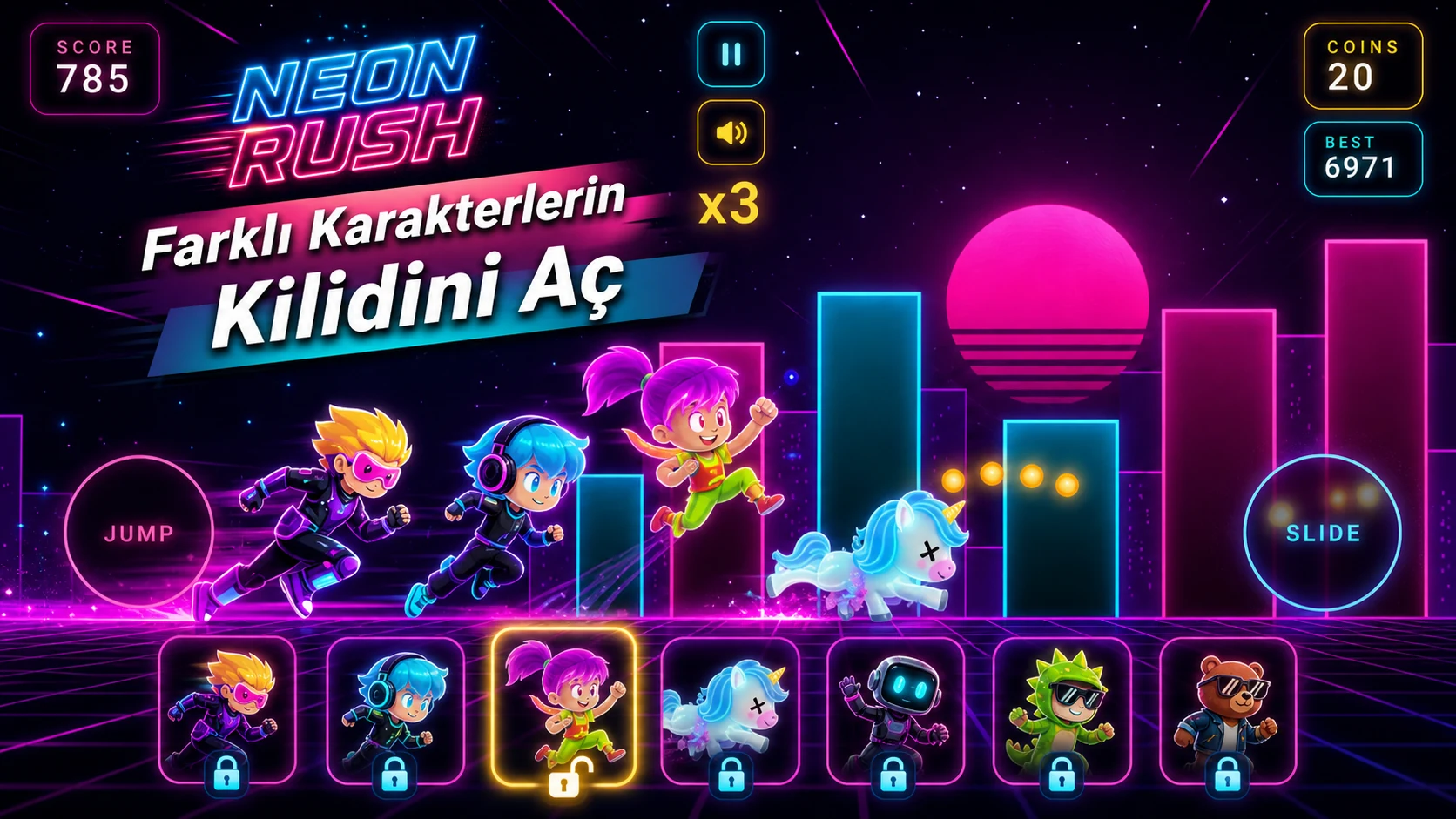 Neon Rush karakter ekranı