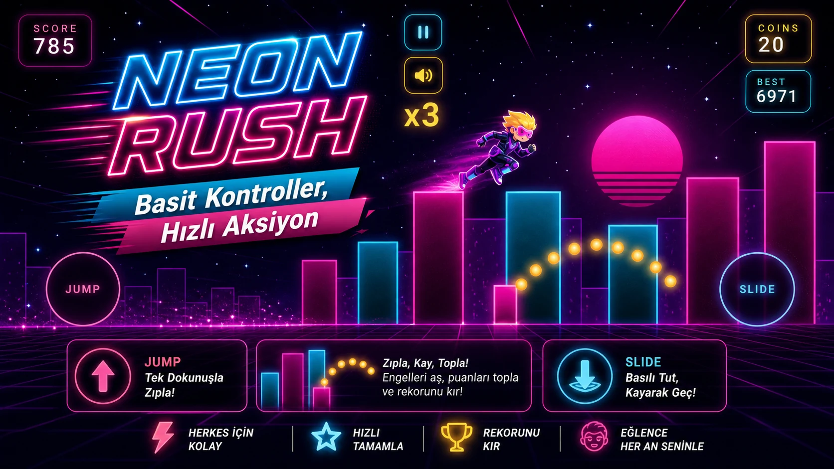 Neon Rush kontrol ve oynanış ekranı