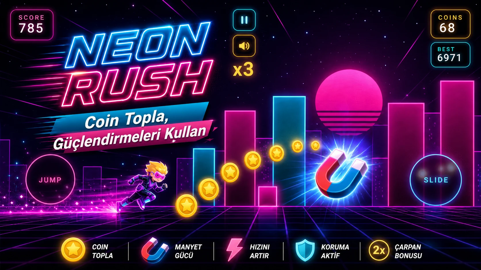 Neon Rush güçlendirme ekranı