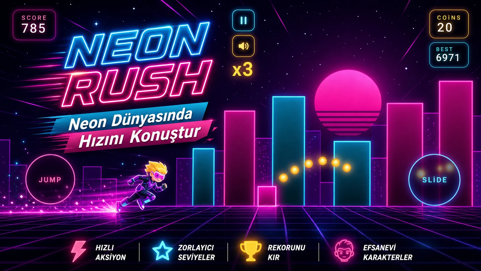 Neon Rush hız ve akış ekranı