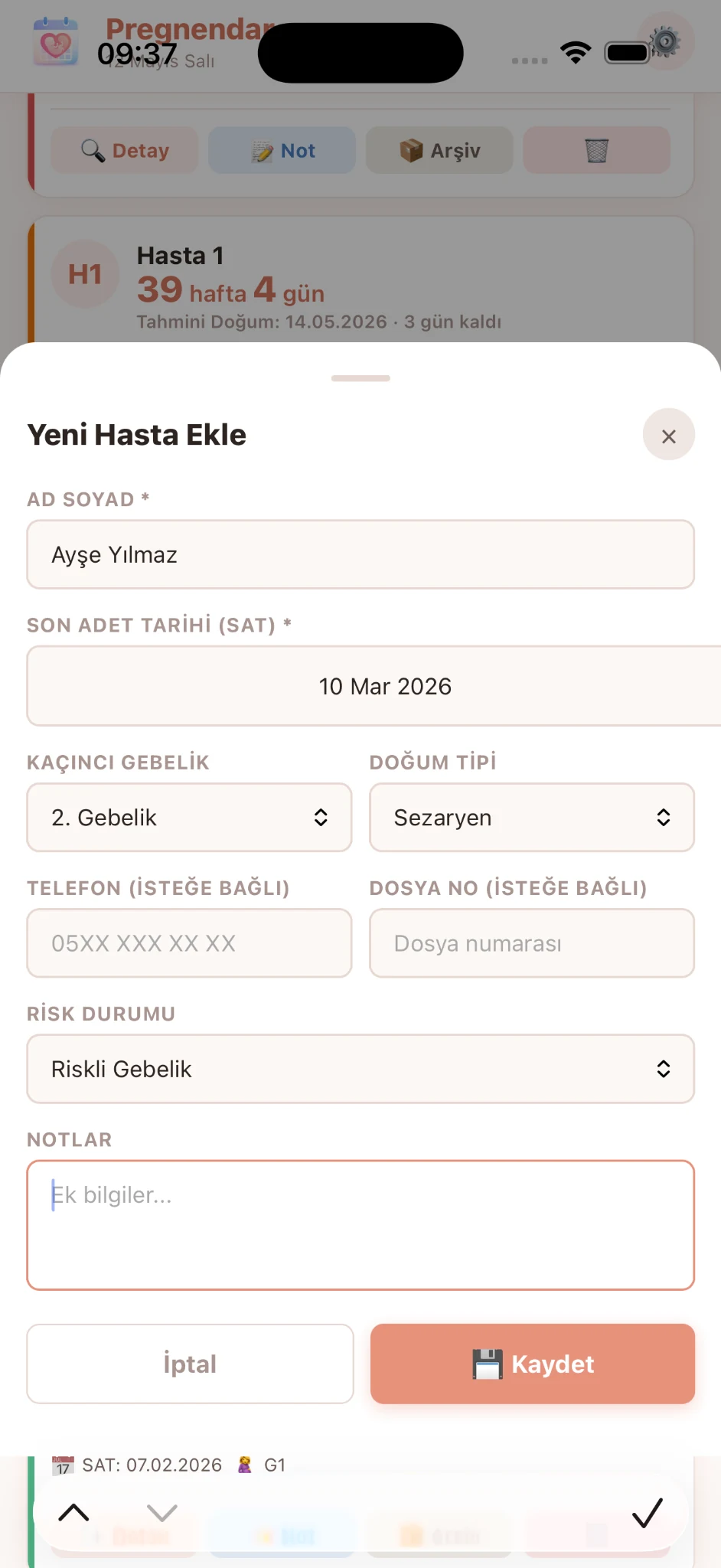 Pregnendar yeni hasta ekleme ekranı