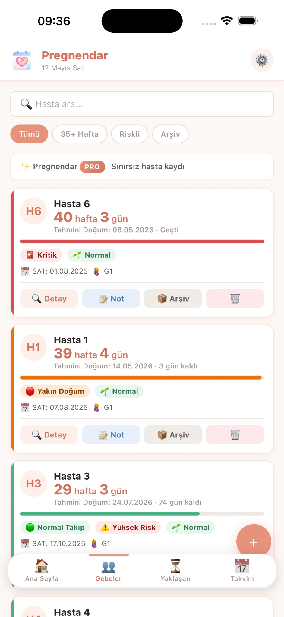 Pregnendar gebe listesi ekranı