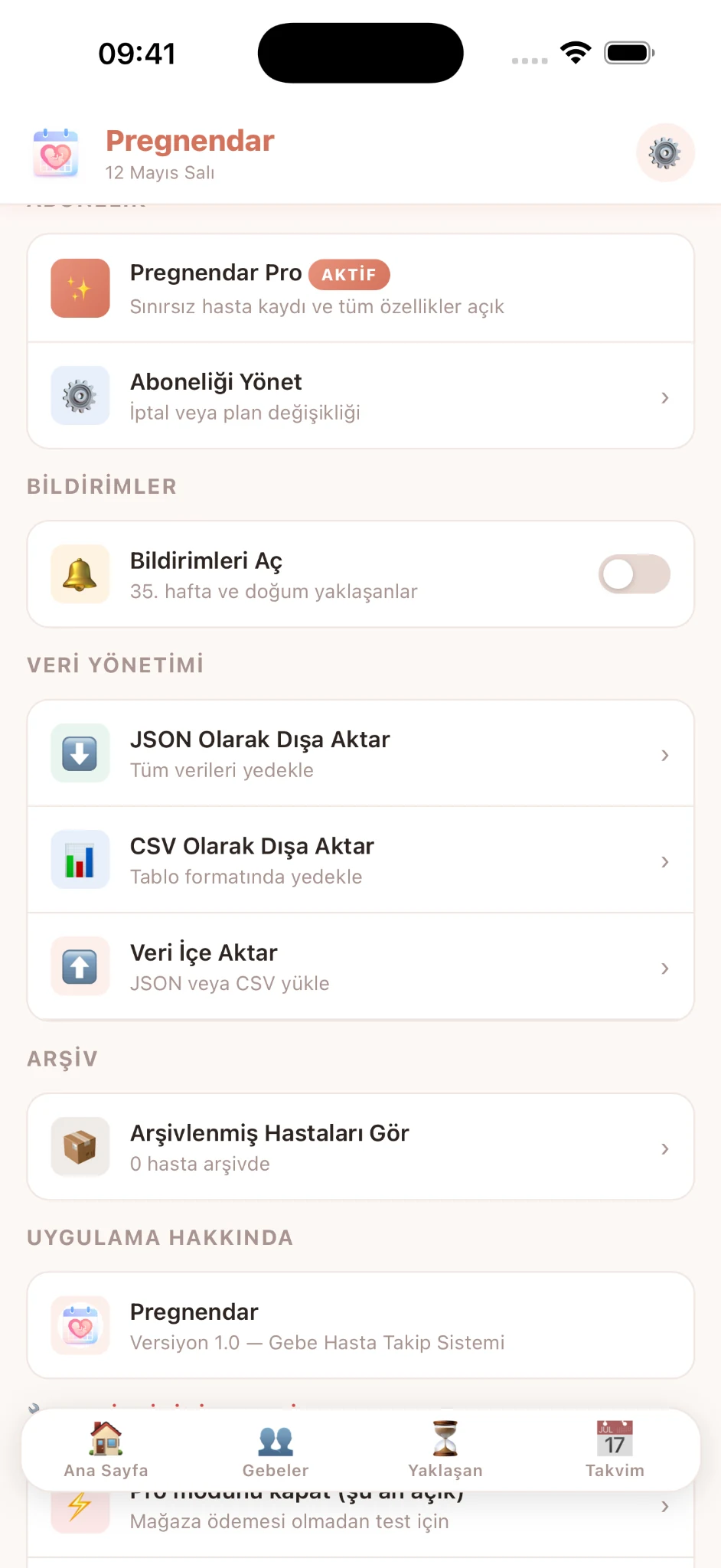 Pregnendar ayarlar ve abonelik ekranı